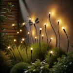 A beautiful outdoor garden at night illuminated by firefly-style solar-powered LED lights