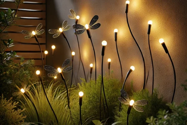 A beautiful outdoor garden at night illuminated by firefly-style solar-powered LED lights